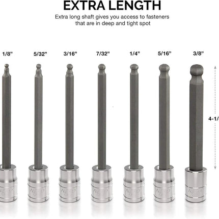 Neiko 10072A 3/8-Inch Drive Extra Long Allen Hex Bit Socket Set, SAE, 1/8-Inch - 3/8-Inch | S2 and Cr-V Steel, 7-Piece Set