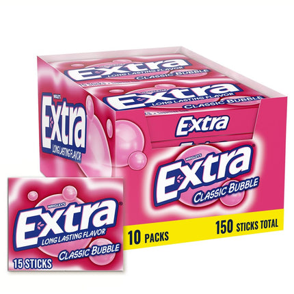 Chicle sin azúcar Wrigley's Extra Classic Bubble, paquete de 15 unidades, caja de 10 paquetes