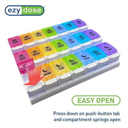 EZY DOSE Weekly (7-Day) Pill Case, Medicine Planner, Vitamin Organizer Box, Daily Planner, Push Button Compartments, Convenient and Easy to Use, 3 Times a Day, Rainbow Lids, BPA Free
