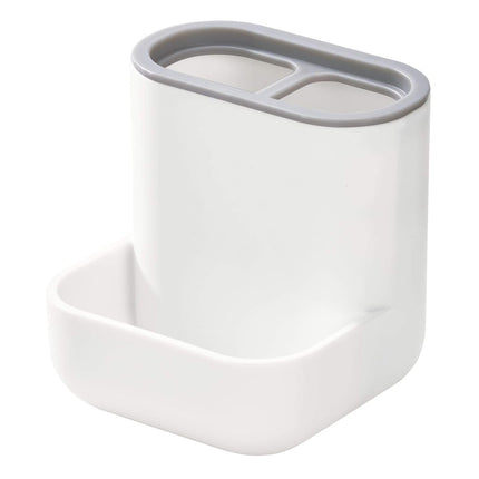 iDesign 28552 Toothbrush Holder, Compact Plastic Make-up Organiser with 3 Compartments, Sturdy Sink Caddy for Make-up Brushes and Bathroom Accessories, White and Grey, 10.4 x 10.0 x 10.2 cm