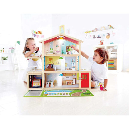 Sustainable Wood Toy, Hape Doll Family Mansion Playset With 4 Figures, 6 Rooms, 2 Balconies, 7 Room Sets and Barbecue. 3 years +