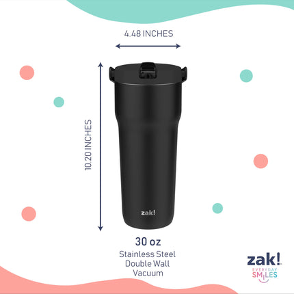 Zak Designs Sutton Travel Tumbler for On The Go, 30oz Stainless Steel with Vacuum Insulation, Straw Spout, Carry Handle for Cold Drinks (Ebony Black)