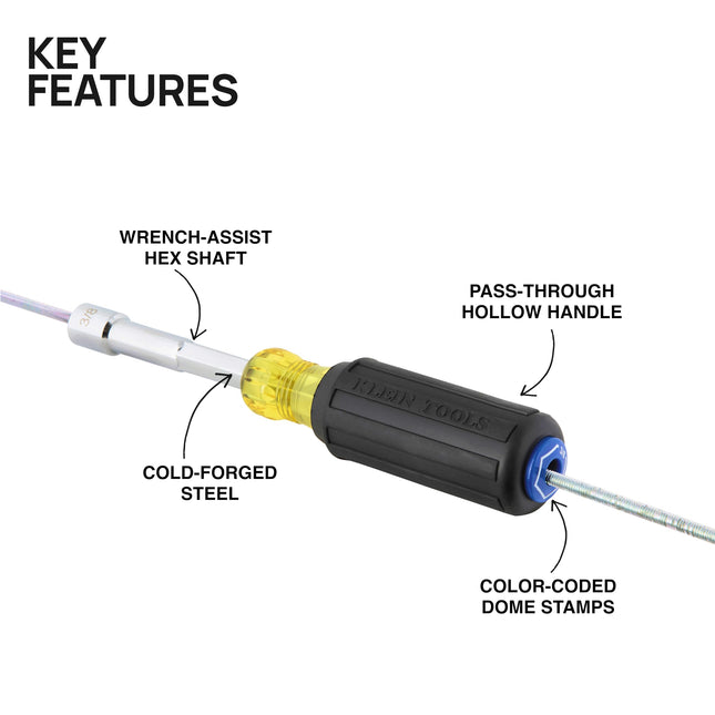Klein Tools 65438 Heavy-Duty Hollow Shaft Nut Driver, Color-Coded 3/8-Inch Hex, Pass Through Design, 6-Point Socket, and Cushion-Grip Handle