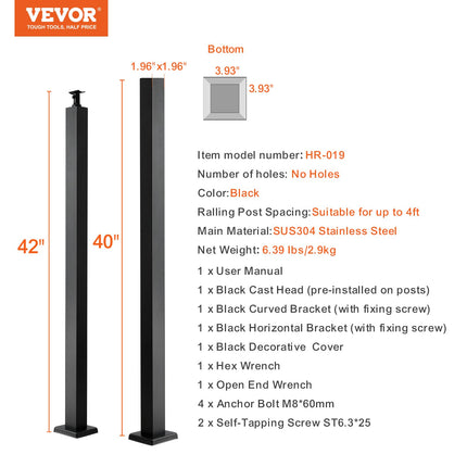 VEVOR Postes de protección Cable 106,6 x 5 x 5 cm Acero Inoxidable Columna de Barandilla Varilla Pasamanos con Soporte de Montaje para Jardín, Terraza, Exterior, Interior, Negro