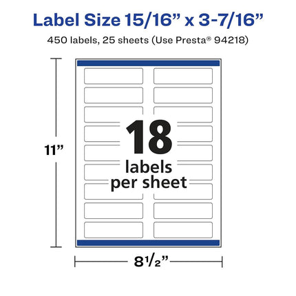 Etiquetas rectangulares transparentes Avery Glossy con Sure Feed, 15/16" x 3-7/16", 450 etiquetas transparentes brillantes, etiquetas imprimibles con láser/inyección de tinta