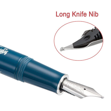 HONG DIAN N23 Blue Rabbit Fountain Pen, Long Blade Medium Nib Silver Trim, New Year Lucky Rabbit Carving Design, Smooth Writing Pen with Converter and Metal Pen Box Set