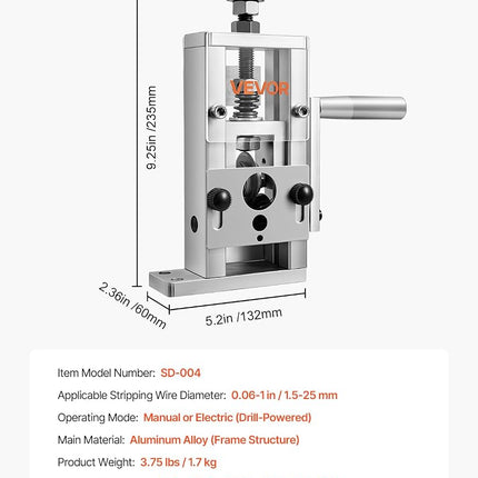 VEVOR Manual Wire Stripping Machine, 1.5-25 mm, Copper Stripper with Hand Crank or Drill Powered, 64Mn Quenched Blades, 45# Steel Rollers, Aluminum Alloy Frame Wire Peeler, for Scrap Copper Recycling