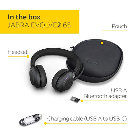 Jabra Evolve2 65 Wireless PC Headset – Noise Cancelling Microsoft Teams Certified Stereo Headphones With Long-Lasting Battery – USB-A Bluetooth Adapter – Black