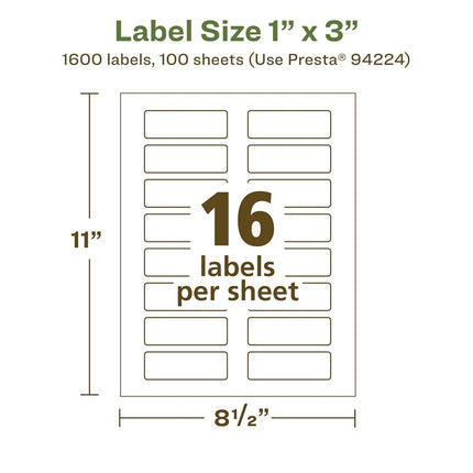 Avery EcoFriendly Matte White Recycled Rectangle Labels, 1" x 3", Print-to-The-Edge, Matte White Labels, Permanent Adhesive, Laser/Inkjet Printable, 1,600 Total