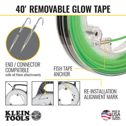 Klein Tools 50660 Glow in The Dark Fish Tape, Fiberglass with Nylon Tip and Stainless-Steel Connector for Fish Rod Attachments, 40-Foot