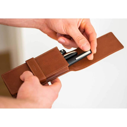 DiLoro Leather Triple Pen Case Pencil Pouch Holder for Three Fountain Ballpoint Rollerball Pens and Pencils (Bugatti Tan)