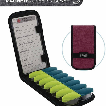Lewis N. Clark Magnetic Folding Pill Organizer Supplement Case for OTC Medicine, Prescription Vitamins-14 Slots, Burgundy