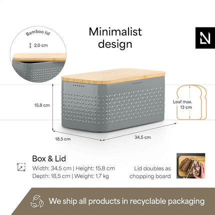 LARS NYSØM Bread Box I Metal bread box for long lasting freshness with non-slip pads I Baked goods Bin with bamboo lid usable as cutting board I 34.5x18.5x15.8cm (Ash Gray)
