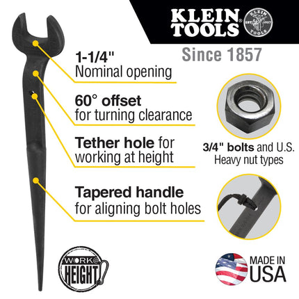 Klein Tools 3212TT Construction Spud Wrench with Tether Hole, Made in USA, 1-1/4-Inch Nominal Opening, 3/4-Inch Bolt for US Heavy Nut