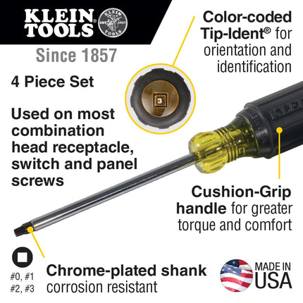 Klein Tools 85664 Screwdriver Set, Made in USA, Square Recess with Color Coded Handles and Heat Treated, Chrome Plated Shafts, 4-Piece