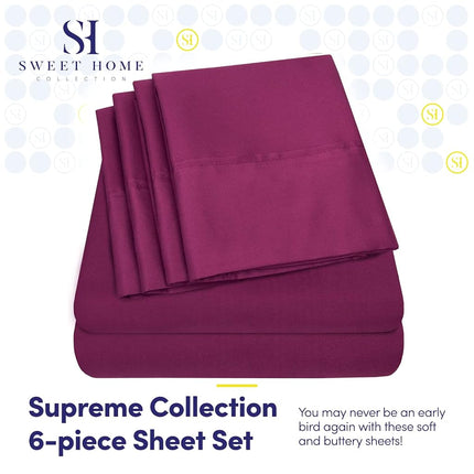 Sweet Home Collection Queen 6 Piece 1500 Supreme Collection Fine Brushed Microfiber Deep Pocket Queen Sheet Set Bedding - 2 Extra Pillow Cases, Berry