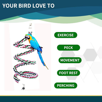 240cm Length Colorful Cotton Bendable Rope Perch Swing Bird Chew Toys Amazon Parrots Cage Toys with Bell Swing Climbing Standing Bungee Bird Toys for Regular to Big Size Birds
