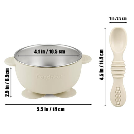 PandaEar 3 Pack Stainless Steel Suction Baby Bowls & 3 Baby Feeding Spoons | Non-Slip Stay Put Bowls & Soft Silicone First Stage Spoons for Toddlers, BPA-Free Baby Led Weaning Set (Linen Brown Grey)