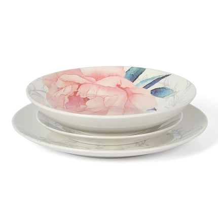 Martha Stewart Empress Bouquet Decorated Porcelain Dinnerware Plates and Bowls Set - Blue Floral, Service for 6 (30pcs)