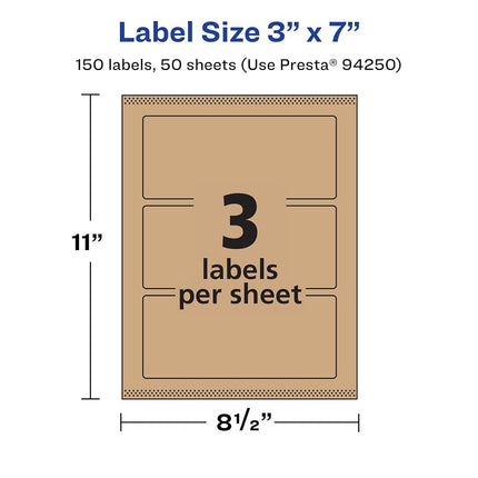 Avery Kraft Brown Rectangle Labels with Sure Feed, 3" x 7", 150 Kraft Brown Labels, Print-to-The-Edge, Laser/Inkjet Printable Labels
