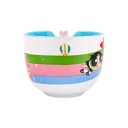 Silver Buffalo The Powerpuff Girls Girl Power Featuring Blossom, Bubbles, and Buttercup Ceramic Ramen Noodle Rice Bowl with Chopsticks, Microwave Safe, 20 Ounces