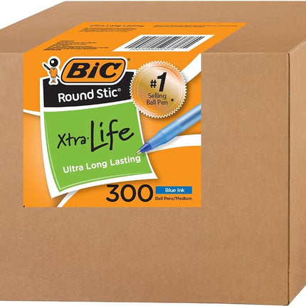 BIC Round Stic Xtra Life Bulk Pens Ballpoint - Pack of 300 Blue Ink Pens - Medium point 1.0 mm