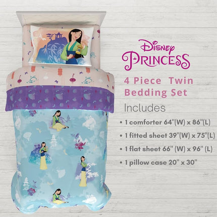 Juego de edredón y sábanas de microfibra supersuave de 4 piezas tamaño twin de Franco Disney Princess Mulan para niños (producto con licencia oficial)