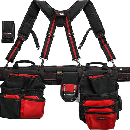 MELOTOUGH Tool Belt with Suspenders Braces Pro Framer Combo System-Magnetic Tool Pouch Build Heavy Duty Carpenter Tool Belt and Multi Function Tool Belt Suspenders（Red)