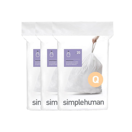 simplehuman Code Q Custom Fit Liners, Extra Large, Extra Strong Trash Bags, 50-65 Liter / 13-17 Gallon, 3 Refill Packs (60 Count), White