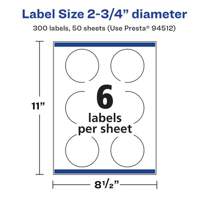 Avery Glossy White Round Labels with Sure Feed, 2.75" Diameter, 300 Glossy White Labels, Print-to-The-Edge, Permanent Label Adhesive, Laser/Inkjet Printable Labels