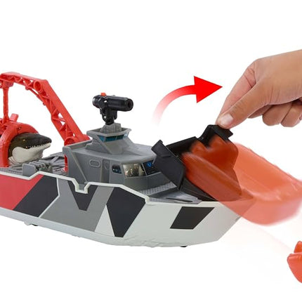 Mattel Jurassic World: Rebirth Matchbox Toy Car Playset, Jurassic World 12.5” Dino Boat with 13” Mosasaurus Dinosaur, 1:64 Die-Cast Jeep, Harpoon Missiles & Detachable Rescue Boat, JGG61