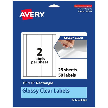 Avery Glossy Clear Rectangle Labels, 11" x 3" Clear Stickers, 50 Glossy Clear Labels, Laser/Inkjet Printable Labels, Great for Product Labels, Wedding Labels, and Mailing Labels