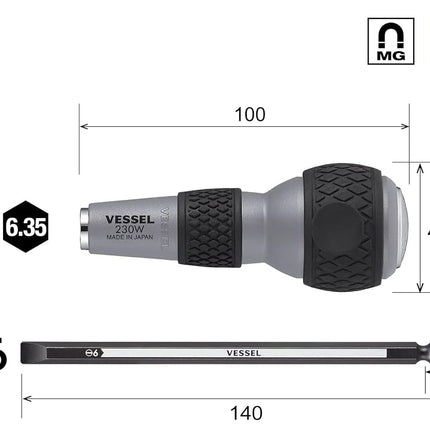 Vessel Ball Grip (Bit-Replaceable Tang-Thru Screwdriver) [No.230W-6] (Slotted 6) (Japan Import)