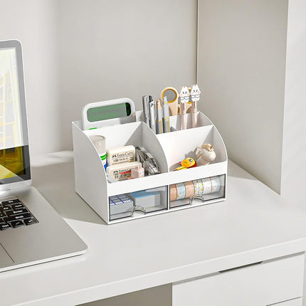 COMFYROOM Organizador de escritorio con 6 compartimentos y 2 cajones, organizador de maquillaje de plástico, portalápices para almacenamiento de escritorio, organizador de escritorio para útiles escolares, hogar, oficina (blanco-2 unidades)