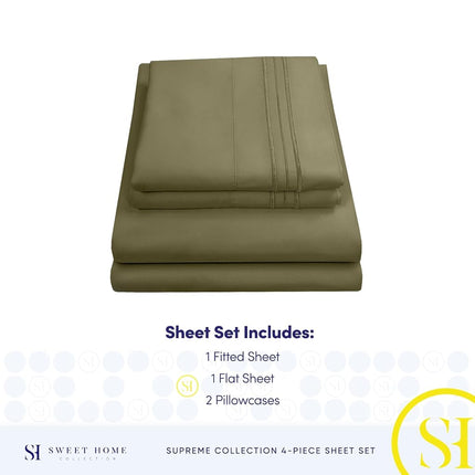 Sweet Home Collection Luxury Bedding Set with Flat, Fitted Sheet, 2 Pillow Cases, Find Double Brushed Microfiber, Olive, King