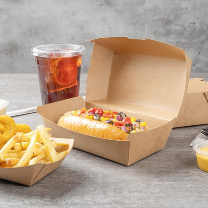 Restaurantware Hot Dog Box 100 Count 6.7 x 3.54 x 3.46 Inches Paper Kraft Rectangular Food Container Tab-Lock Sandwich Clamshell Grease-Resistant Kraft