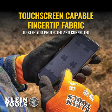 Klein Tools 60837 Winter Work Gloves, Knit Dipped ANSI A1 Cut-Resistant, Sandy Latex Coated, Fleece-Lined, Touchscreen Capable, X-Large