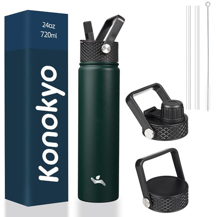 Konokyo Insulated Water Bottle with Straw,24oz 3 Lids Metal Bottles Stainless Steel Water Flask,Army Green