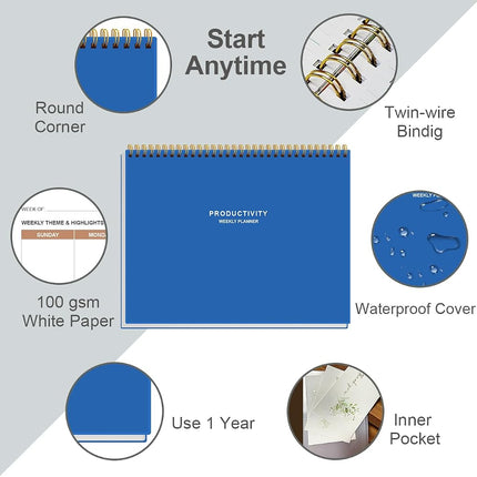 Weekly Productivity Planner - 8.5" x 11" Dashboard Desk Notepad Has 6 Focus Areas to List Tasks for Goals, Projects, Clients, Academic or Meal-Organize Your Daily Work Efficiently, 54 Weeks, Blue