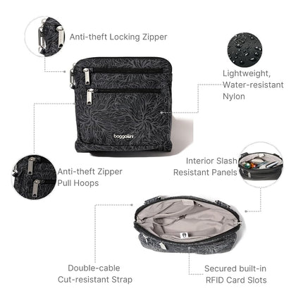 Baggallini Securtex Anti-Theft Crossbody 8.25" Small / 10" Large Travel Purse with RFID Card Slots & Cut-Resistant Strap, Midnight Blossom Print, Small 8.25"w x 8.25"h