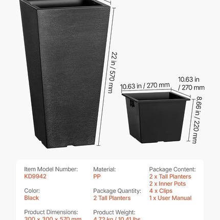 VEVOR Tall Planter, Set of 2 Tall Square Tapered Planters, 57 cm Large Modern Gardening and Flower Plastic Pots, Decorative Tall Black Planter with Drainage Hole, for Porch, Patio, Indoor & Outdoor