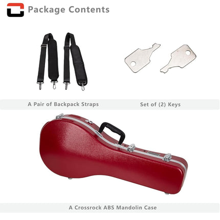 Crossrock A-Style Mandolin Case | ABS Molded Hardshell with Security Lock, Metal Feet, and Detachable Straps-Red (CRA862MARD)