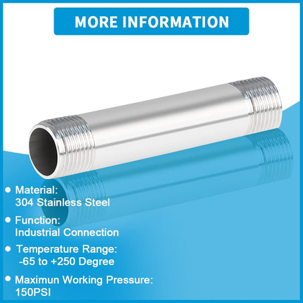 Quickun 304 Stainless Steel Pipe Fitting, 1" NPT x 1" NPT Male Malleable Nipple Cast Pipe 10" Length