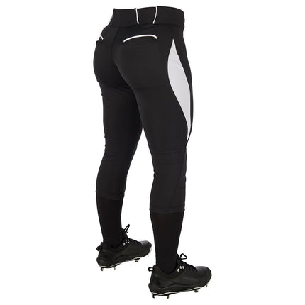 Pantalon de softball Champro Surge traditionnel taille basse pour fastpitch avec passepoil tressé de couleur contrastée - Petit, Noir, Blanc