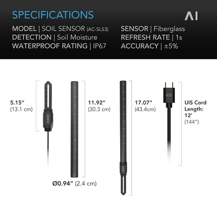 AC Infinity Soil Sensor Probe Exclusively for AI Controllers, Monitor Moisture & Saturation for Gardens, Grow Tents, Grow Spaces, Detachable Stem, IP67 Seal Protection