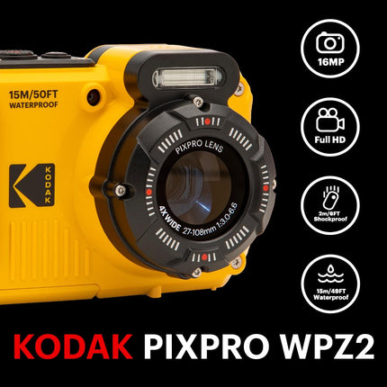 KODAK Pixpro WPZ2 - 16M Pixel Compact Digital Camera, Waterproof to 15m, Shockproof, 720p Video, 2.7" LCD Screen - Li-ion Battery, Yellow