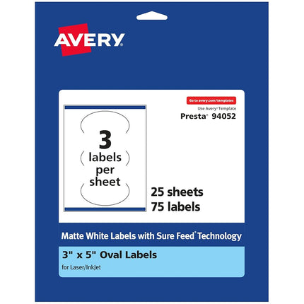 Avery Matte White Oval Labels with Sure Feed, 3" x 5", 75 Matte White Printable Labels