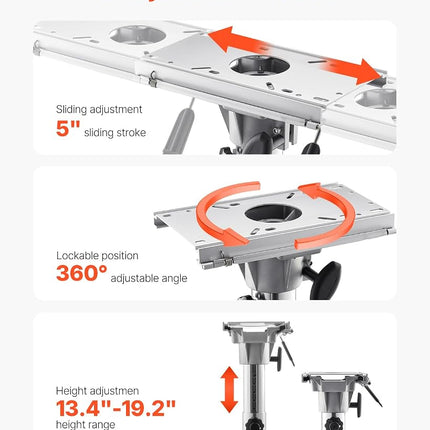 VEVOR Boat Seat Pedestal, Adjustable Height from 13.39 to 19.2 Inches, Aluminum Alloy Boat Chair Base with Slide, 5-inch Sliding Travel, Locking Design, Ideal for Fishing and Boating Enthusiasts