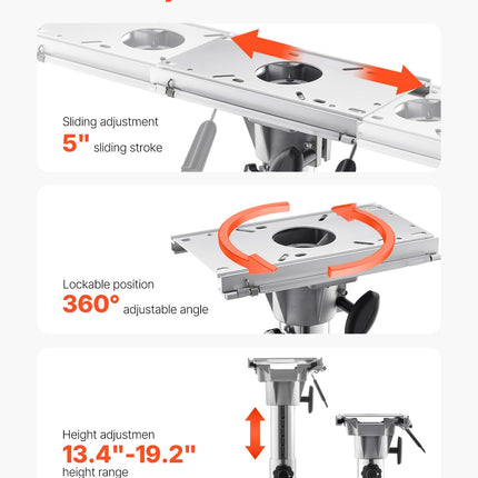 Pedestal para asiento de barco VEVOR, altura ajustable de 13,39 a 19,2 pulgadas, base de silla de barco de aleación de aluminio con deslizador, recorrido deslizante de 5 pulgadas, diseño de bloqueo, ideal para entusiastas de la pesca y la navegación