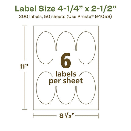 Avery EcoFriendly Matte White Recycled Oval Labels, 4.25" x 2.5", Matte White Labels, Permanent Adhesive, Laser/Inkjet Printable, 300 Total